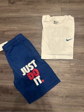 Nike Blue Men's 'Just Do It' Shorts with Red & White Graphic